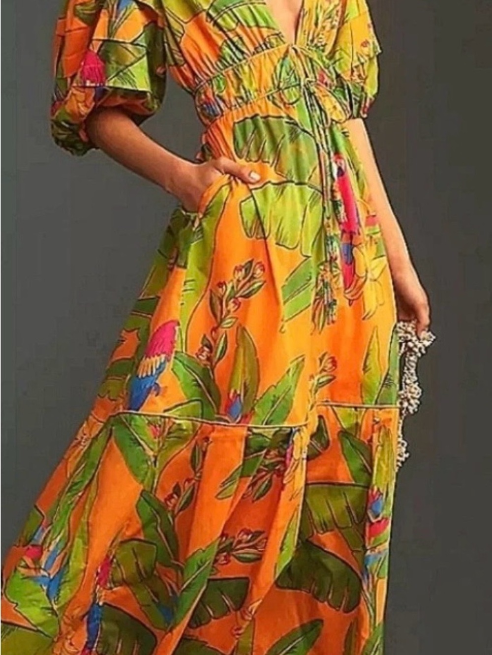 FARM RIO -Macaw- Orange Tropical Maxi Dress with Green Leaf Print